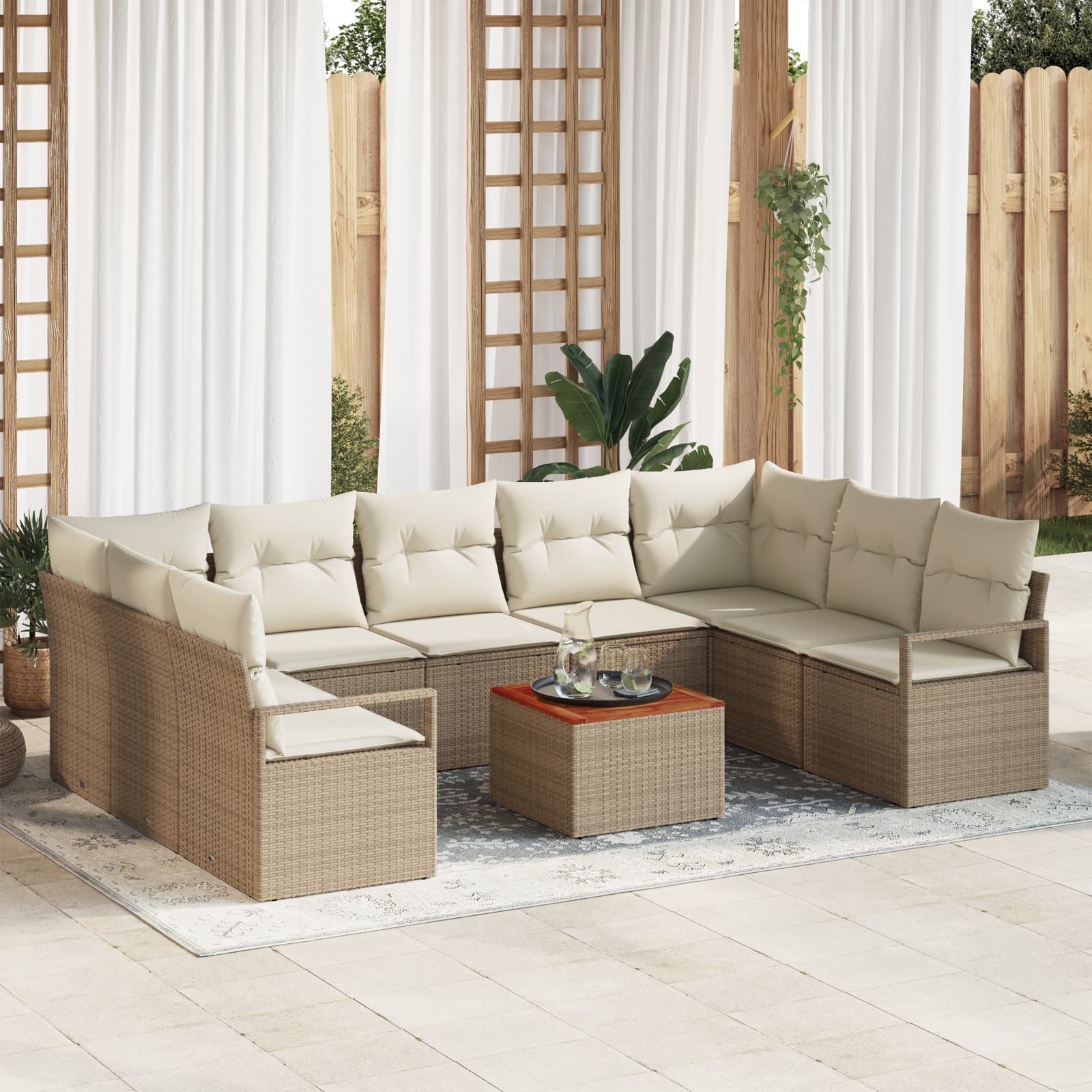 vidaXL 10-teilige Garten Sofa Set mit Kissen Beige Poly Rattan Akazie, vidaXL 2-Sitzer Garten Sofa mit Stauraum & Kissen Beige Poly Rattan