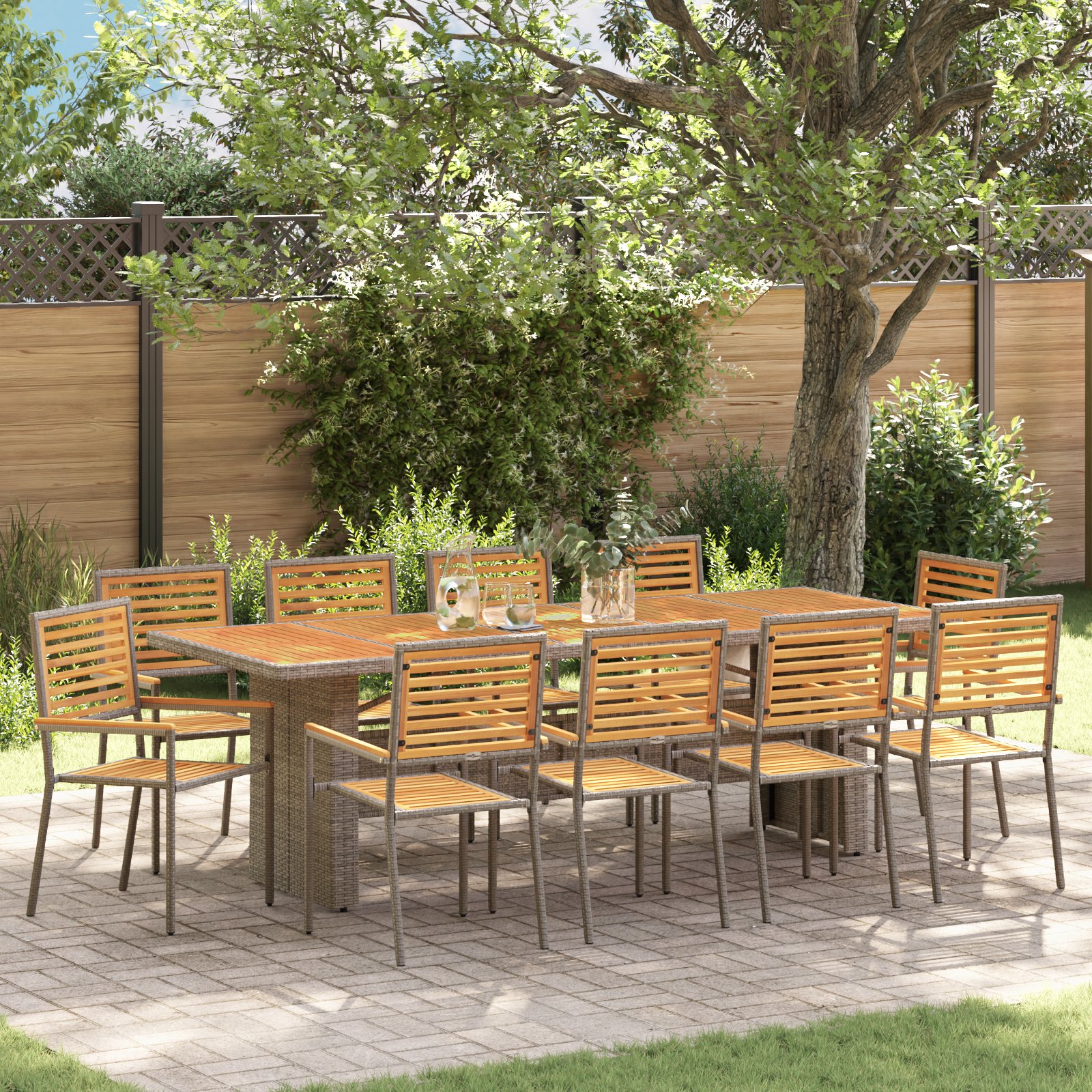 vidaXL 11-teiliges Garten Esszimmer Set Grau Poly Rattan Akazie, vidaXL Stapelbare Gartenstühle mit Kissen 2 Stück Grau Poly Rattan
