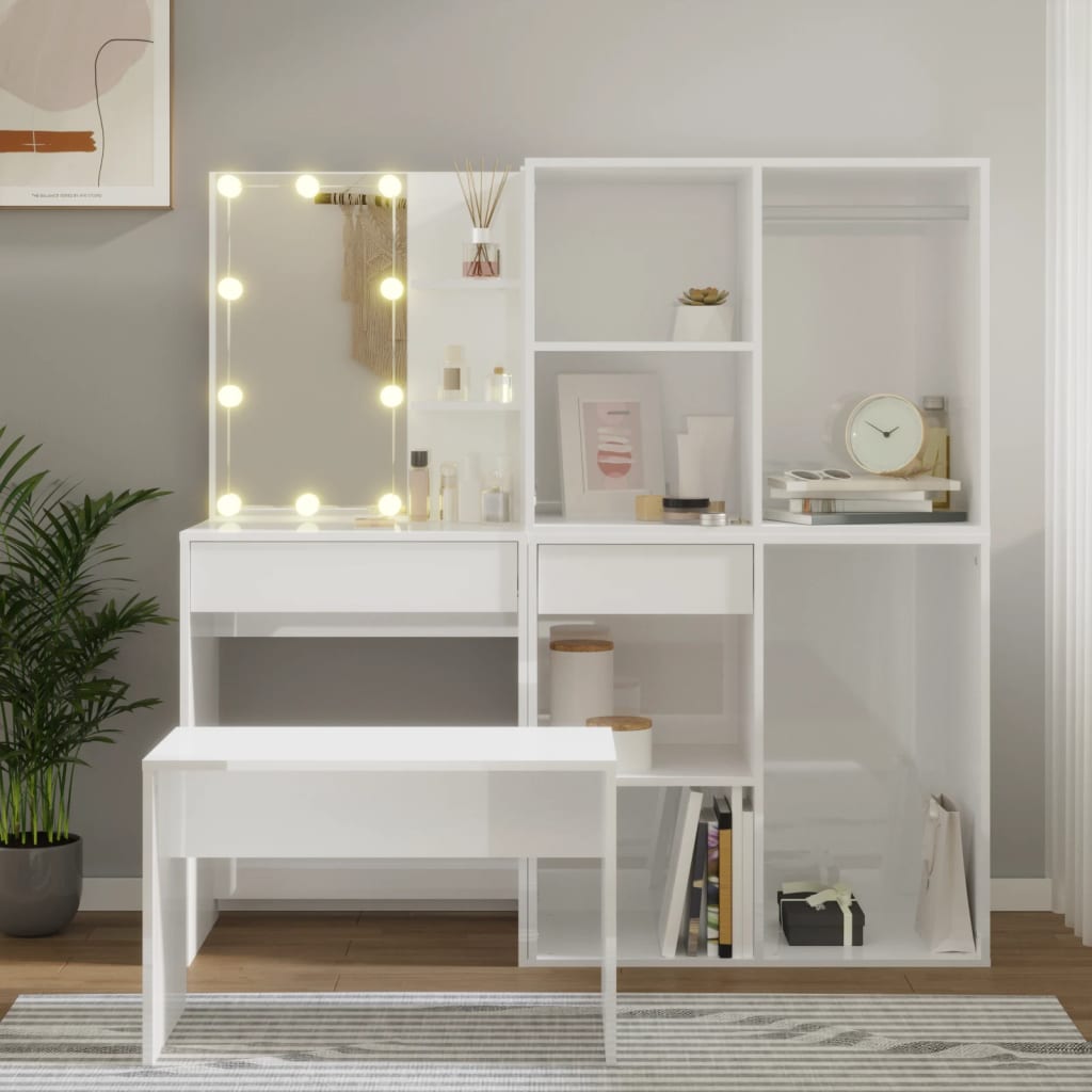 vidaXL Schminktisch-Set mit LED Hochglanz-Weiß Holzwerkstoff