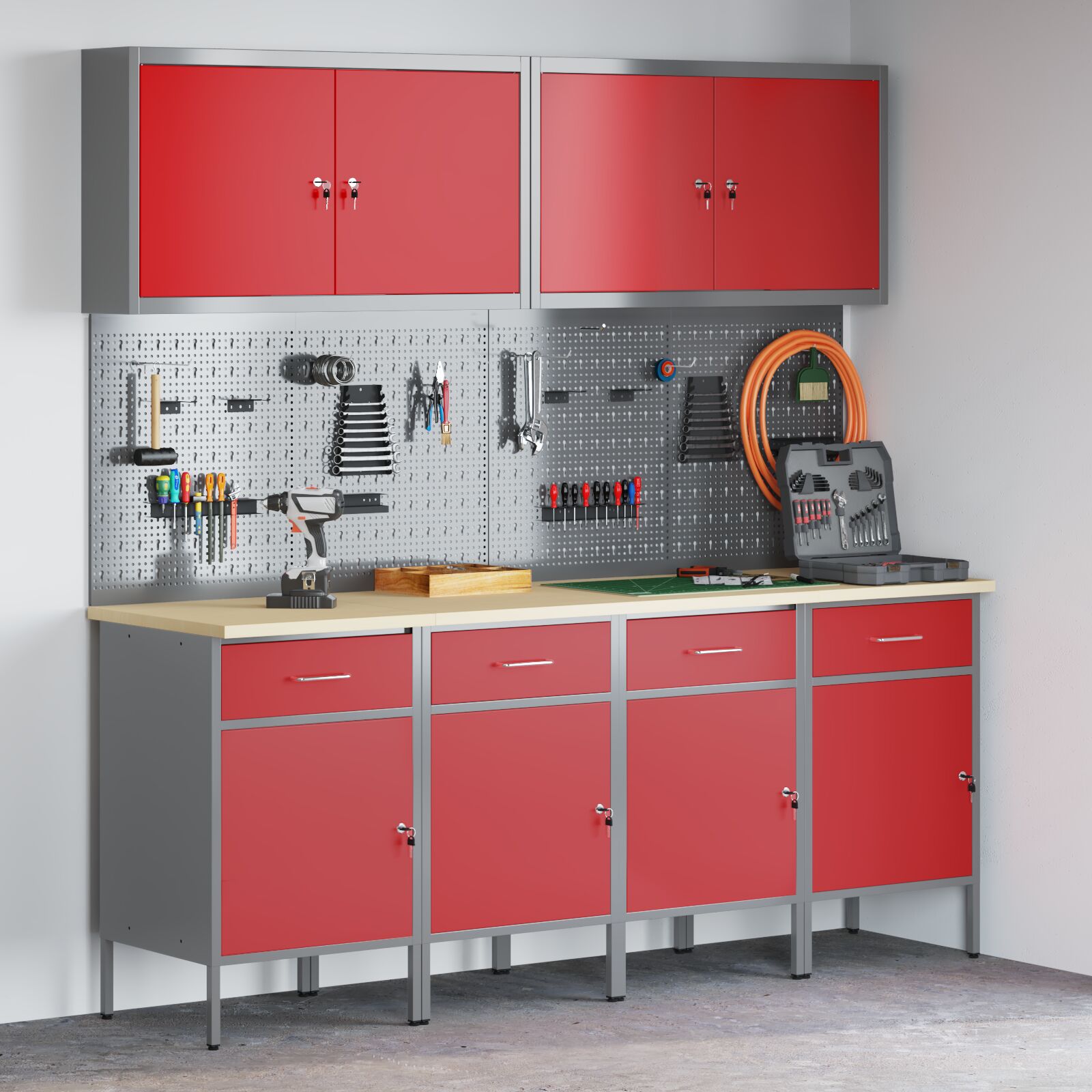 vidaXL 10-teiliges Werkstattschrank-Set und Lochplatten-Set Rot MDF und Metall