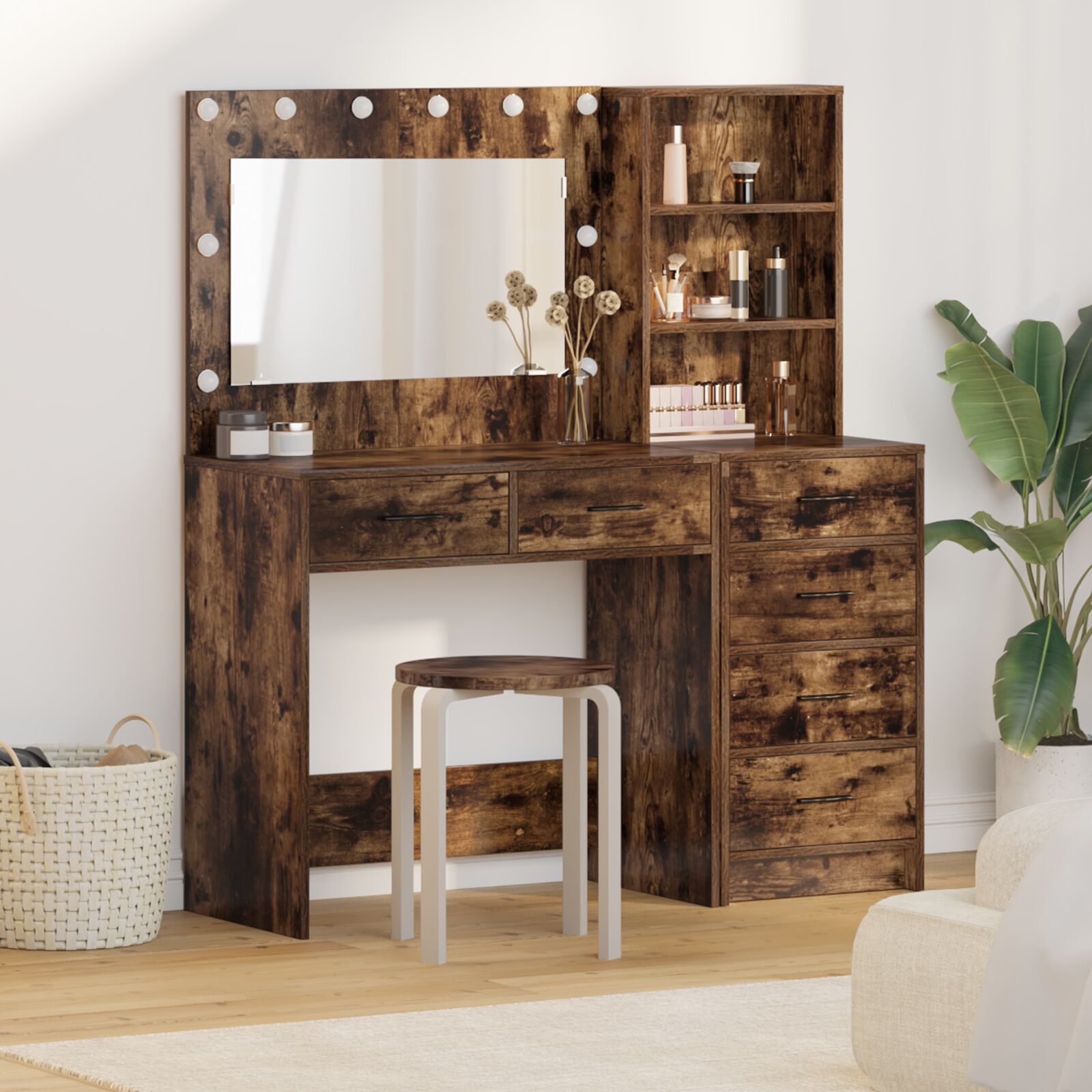 vidaXL 2-teiliges Schminktisch-Set mit LED Rauch-Eiche Konstruktionsholz