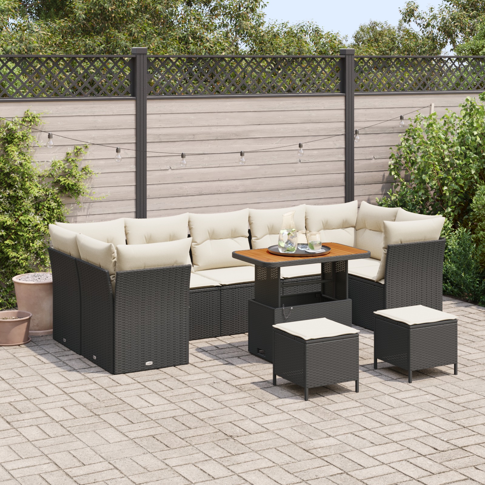 vidaXL 10-teilige Garten Sofa Set mit Kissen Schwarz Poly Rattan Akazie, vidaXL 3-teiliges Garten Esstisch Set mit Kissen Schwarz Poly Rattan Akazie