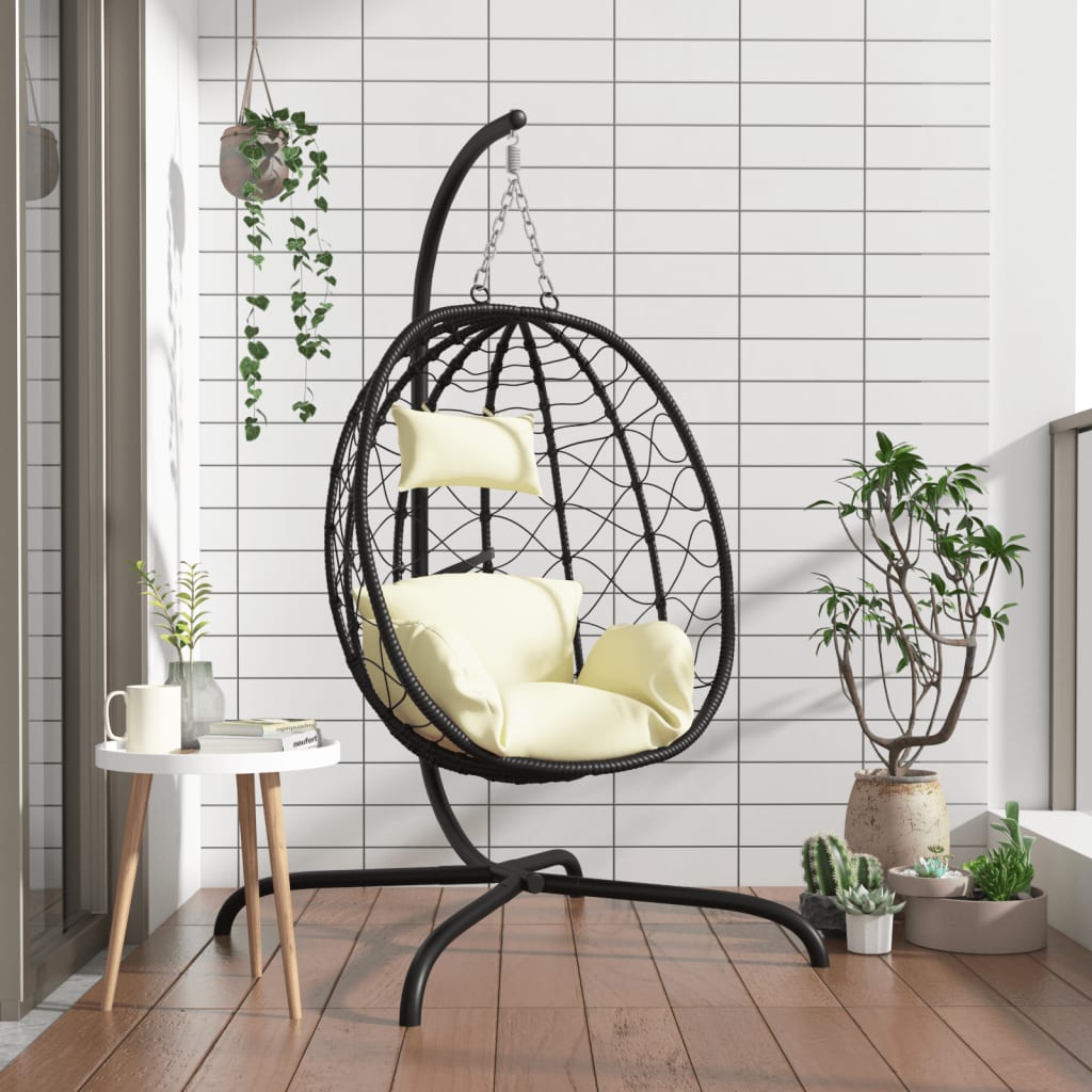 vidaXL Hängesessel Ei mit Kissen Cremeweiß Poly Rattan & Stahl