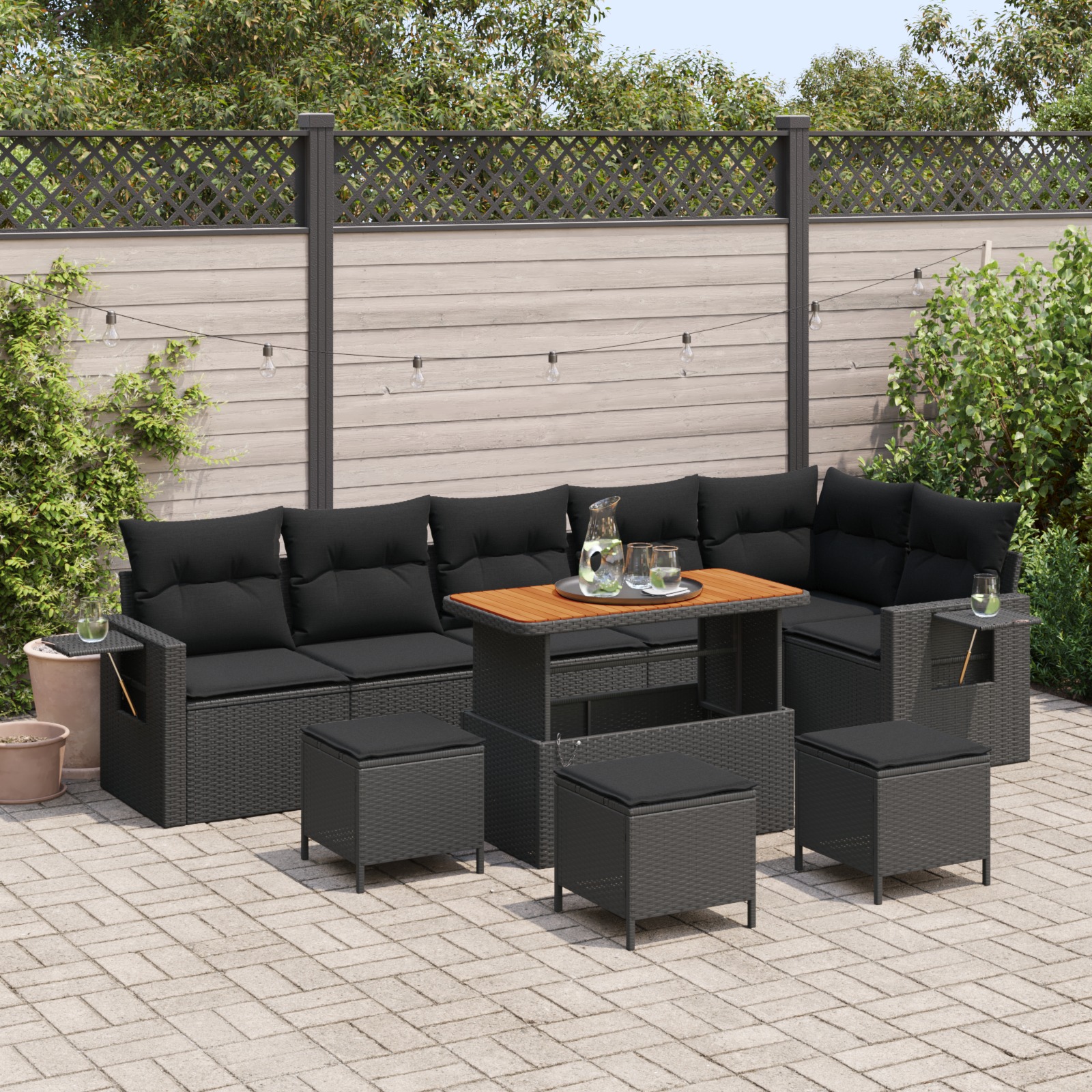 vidaXL 10-teilige Garten Sofa Set mit Kissen Schwarz Poly Rattan Akazie, vidaXL 4-teiliges Garten Ess Set mit Kissen Schwarz Poly Rattan Akazie
