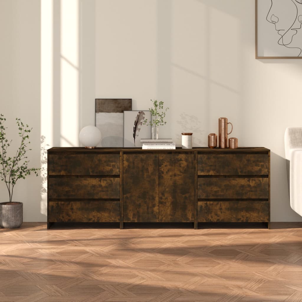 vidaXL 3-tlg. Sideboard Räuchereiche Holzwerkstoff