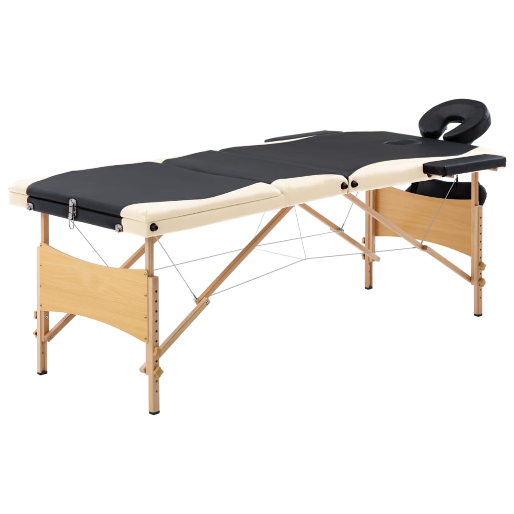  vidaXL Massageliege Klappbar 3-Zonen mit Holzgestell Schwarz und Beige