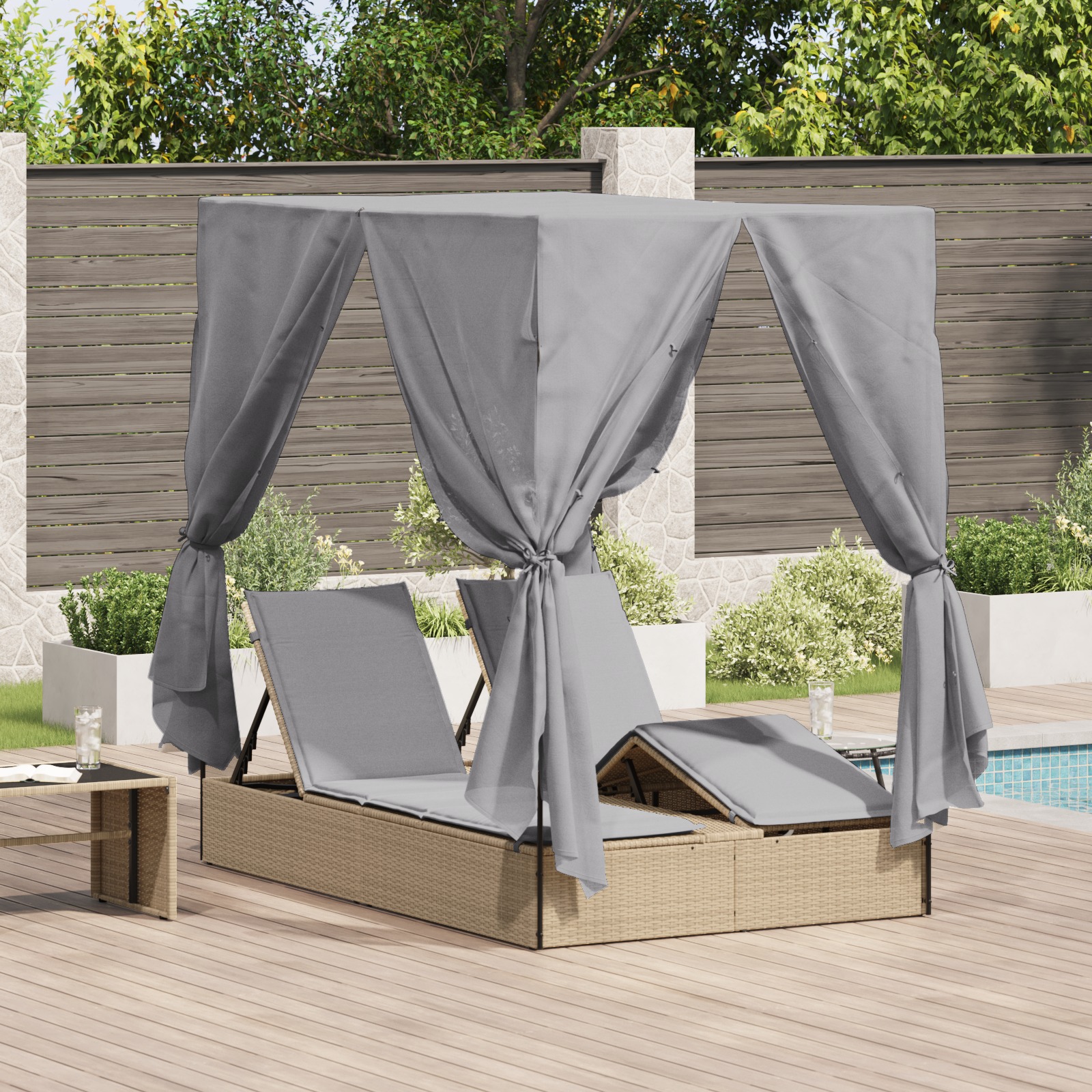 vidaXL Doppel Sonnenliege Set von 2 Beige und hellgrau Poly-Rattan