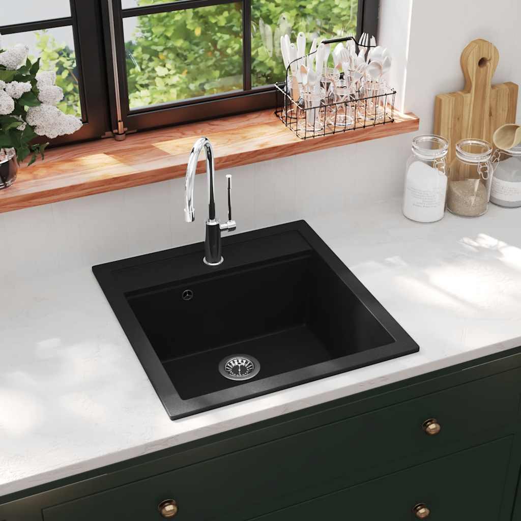 vidaXL Granitspüle Einzelbecken Schwarz 